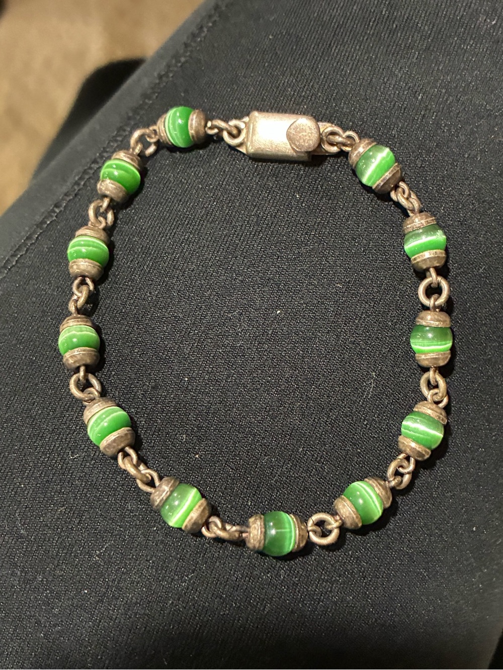 Vintage Taxco Mexico Sterling Silver & Green Cat’s Eye Bracelet